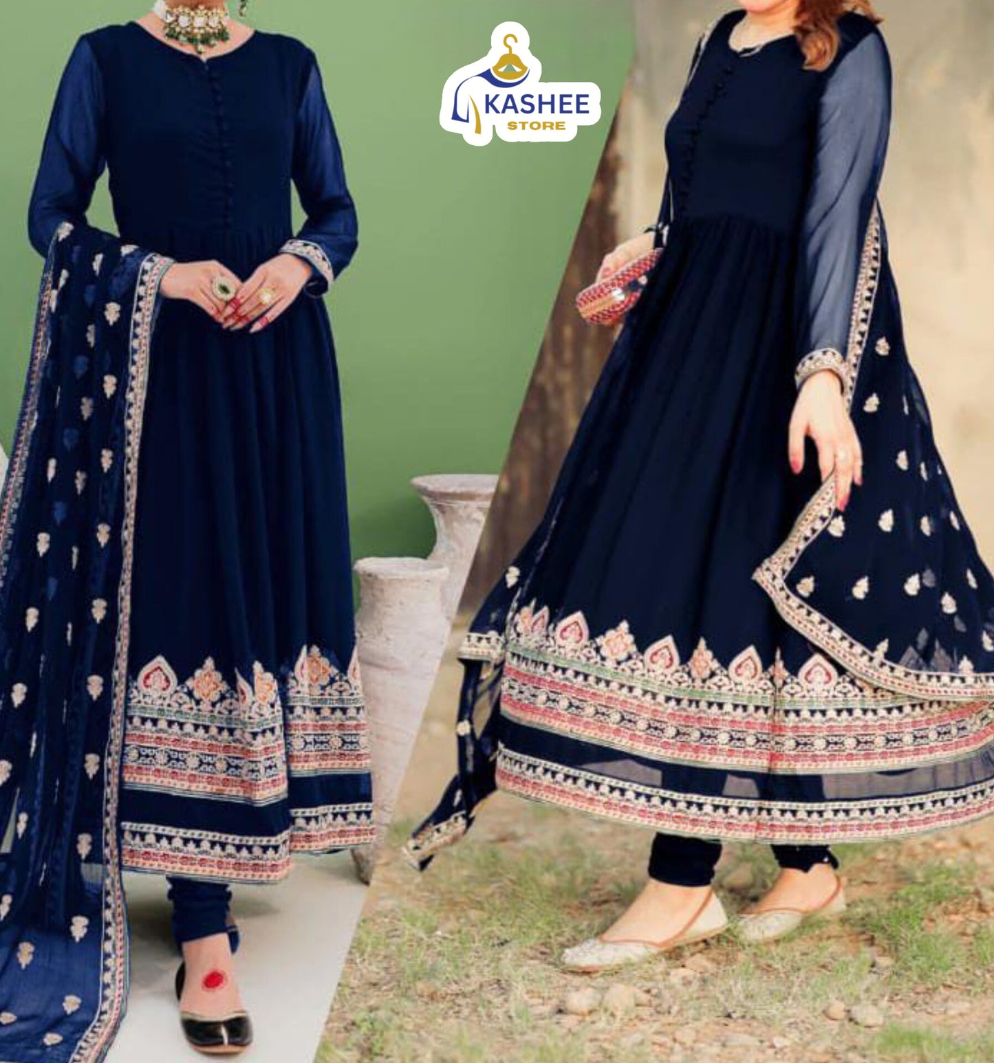 Border Embroidered Maxi & Dupatta – 3Pc Dress