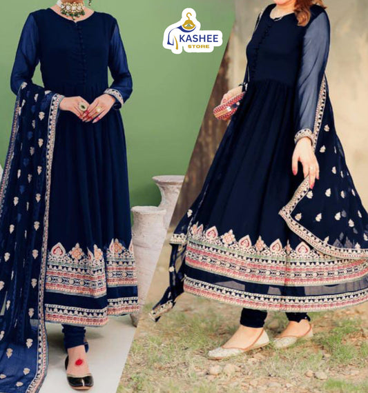 Border Embroidered Maxi & Dupatta – 3Pc Dress