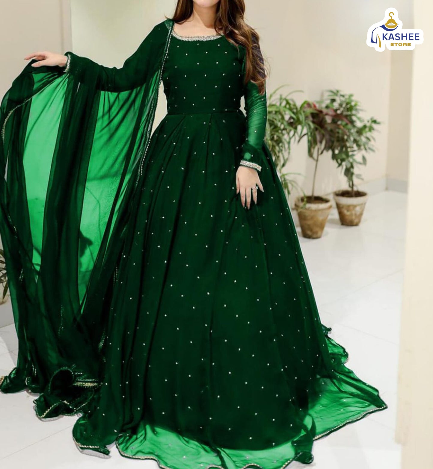 Elegant Pearl & Lace Work Maxi – 3Pc Chiffon Outfit