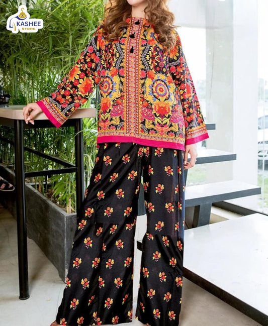 Trendy 2pc Silk Outfit – Printed Shirt & Flapper