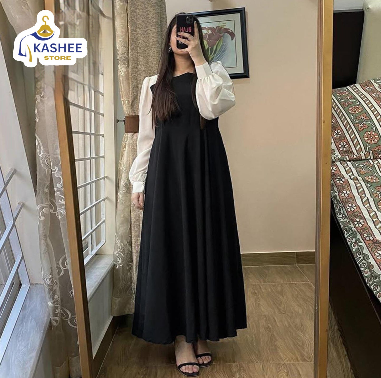 Front & Back Pleated Georgette Maxi with White Sleeves